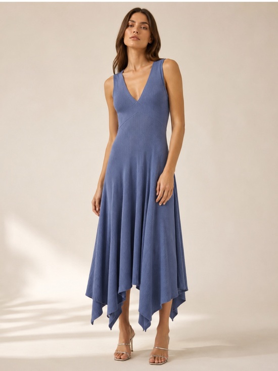 Simkhai Dresses & Skirts - SIMKHAI Kiara Ribbed Knit Handkerchief Maxi Dress Blue